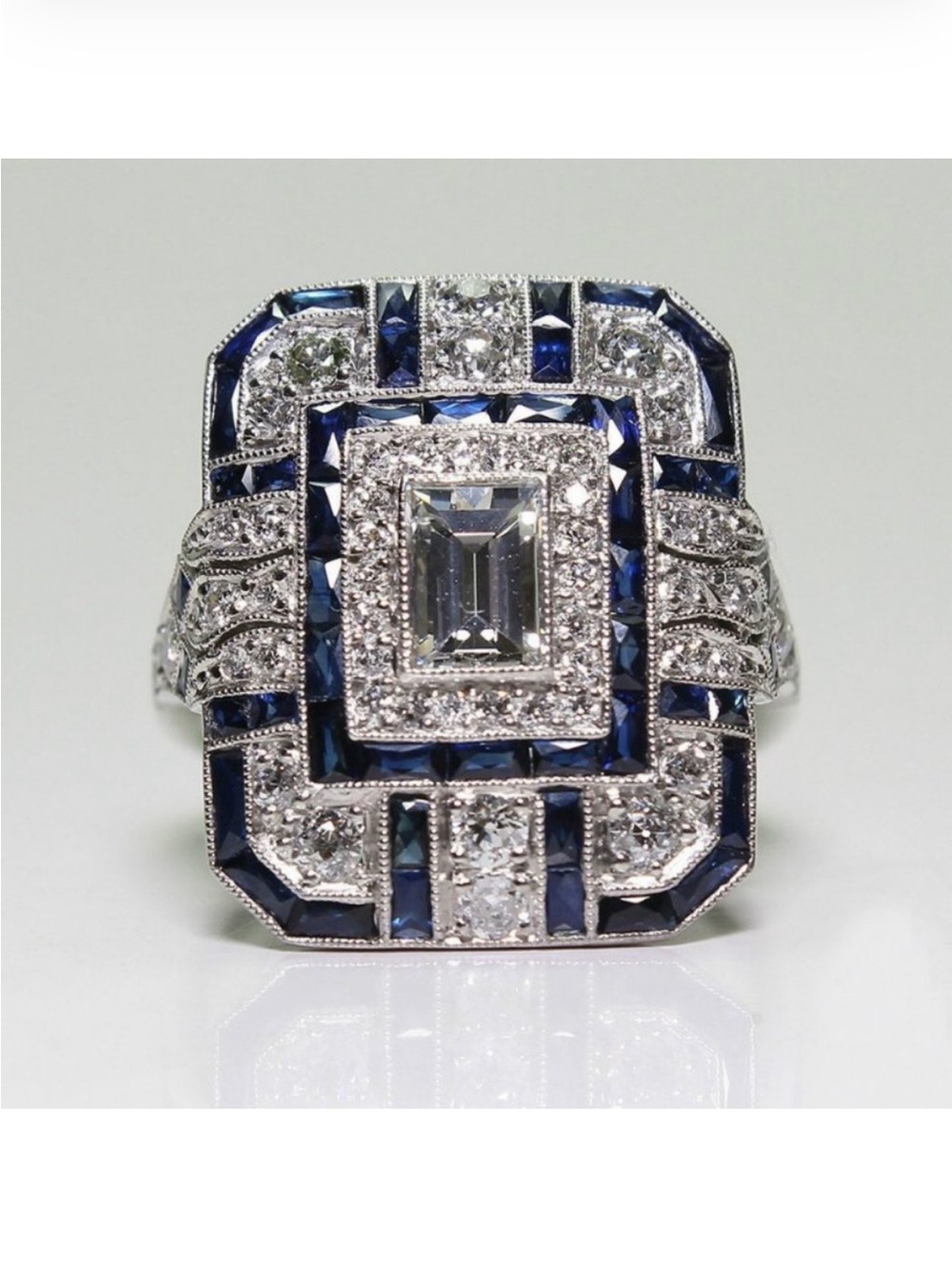 Sterling silver Art Deco Inspired Blue Sapphire and Diamond Cocktail Ring